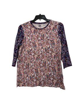 Lands End Womens Paisley Print 3/4 Sleeve Cotton Shirt Blouse Size M 10-12